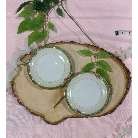 Vintage Noritake Floral Trimmed Saucer Plates Green Border Set of 2 Replacement - Picture 2 of 10